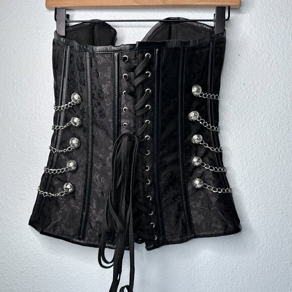 Victorian Steampunk Black Brocade Boned Corset with Chain - Picture 3 of 6